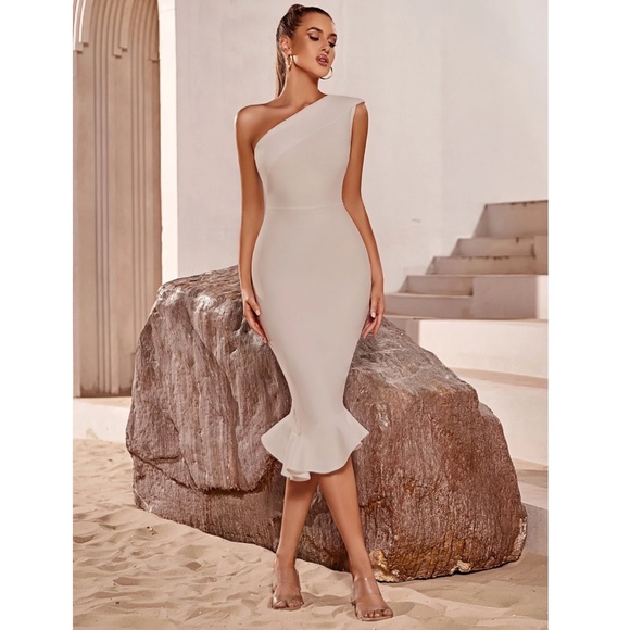 Rouge! Dresses & Skirts - Bandage Asymmetrical Midi Dress Blush/Nude